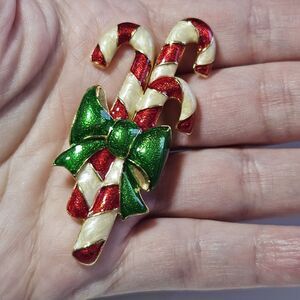 TC Vintage Red And Cream Enamel Candy Cane Brooch
